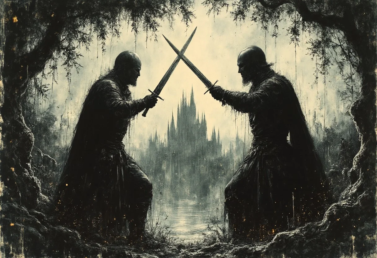Two mercenary knights dueling furiously with longswords under a willow tree, their blades clashing and creating sparks. A gothic castle stands proud in the background. Dynamic motion. Highly detailed. 8k resolution. Wide angle distant shot. Jedcyb3r, Jedspl4tt,