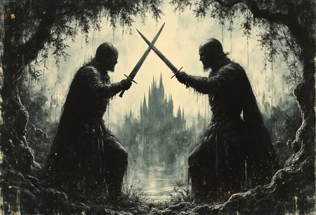 Two mercenary knights dueling furiously with longswords under a willow tree, their blades clashing and creating sparks. A gothic castle stands proud in the background. Dynamic motion. Highly detailed. 8k resolution. Wide angle distant shot. Jedcyb3r, Jedspl4tt,