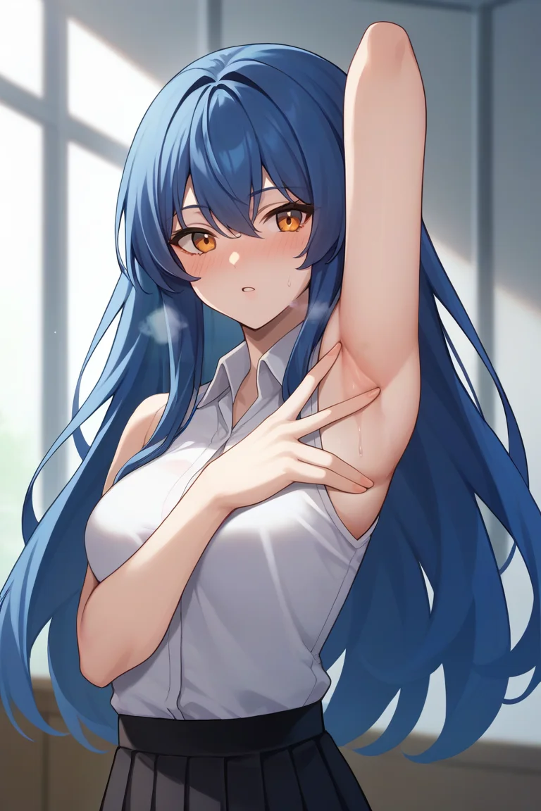 score_9, score_8_up, score_7_up, source_anime,
upper body, solo, 1girl, sexy female, tall female, breasts, blue hair, long hair, open hair, orange eyes, white shirt, sleeveless shirt, collared shirt, black skirt, pleated skirt,
<lora:SpreadArmpitV2-04:1>, spread armpit, (arm up, presenting armpit, fingers on own armpit:1.2), nose blush, heavy breathing,
indoors