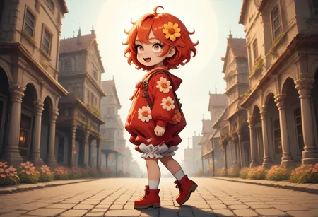 score_9, score_8_up, score_7_up, best quality, fine detail, 1girl, solo, cute, red bloomers, chibi, ((massive red sun in background)), (gradient hair orange roots fire red tips), vibrant colors, strong shadows, (standing, from left), valley full of flowers, rolling hills in background, glossy red shoes, slimes_flowerwm