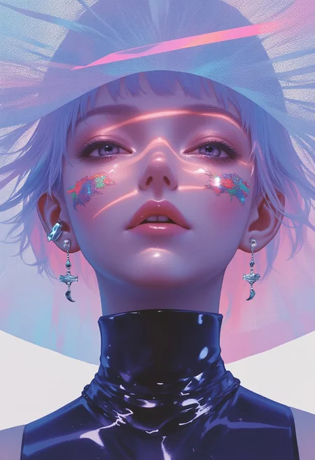 A hyper-stylized, avant-garde photograph with vibrant neon aesthetics, showcasing a close-up of a striking woman’s head and shoulders. She wears a sleek, glossy deep purple outfit that clings tightly to her slender figure, emphasizing her high-fashion appeal. Her electric blue lips stand out boldly against the otherwise dark attire. Atop her head sits an oversized, wide-brimmed translucent mesh hat, featuring horizontal glowing cyan stripes that cast intricate, geometric shadows across her partially obscured face. Neon green and magenta face markings, along with tattoos in glowing toxic colors, trace mesmerizing patterns across her skin, pulsing with an almost otherworldly radiance. Her iridescent, oily skin reflects shifting hues of violet, pink, and gold, creating a surreal effect. Only her lips, eyes, and part of her forehead peek through the shadows, adding a layer of mystery and sophistication to her avant-garde presence. The entire composition exudes a futuristic, high-fashion cyberpunk aesthetic. ((glow_skin, iridescent skin, oily skin, portrait))