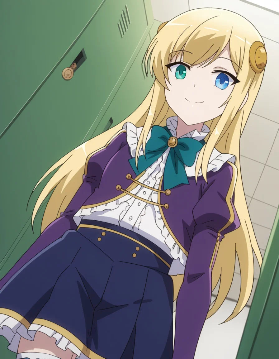 score_9, score_8_up, score_7_up, source_anime, <lora:yumina-belfast-urnea-s2-ponyxl-lora-nochekaiser:1>, yumina belfast urnea, long hair, blue eyes, blonde hair, hair ornament, green eyes,, skirt, thighhighs, purple sleeves, frills, white skirt, skirt, blue skirt, frilled skirt, bowtie, green bowtie, frilled center, school hallway, lockers, between classes, everyday life, smile, from below, looking at viewer, solo,, dutch angle, cowboy shot