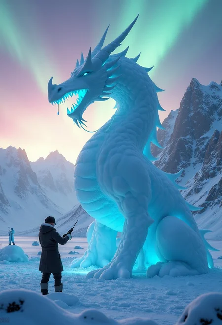 Ice Sculptor in a Frozen World: In a world locked in eternal winter, an ice sculptor stands on a frozen lake, chiseling an enormous statue from a massive block of ice. His breath hangs in the air as frosty clouds, and his tools glow with an ethereal blue light, allowing him to carve with supernatural precision. The statue he works on is a masterpiece—a towering ice dragon that seems to come alive with each strike of his chisel. Behind him, snow-covered mountains rise into a pale, icy sky, and auroras dance overhead, casting vibrant hues across the frozen landscape. Around the sculptor, other ice sculptures stand frozen in time, masterpieces of mythical creatures and figures, glowing faintly in the twilight of this cold, unending world.