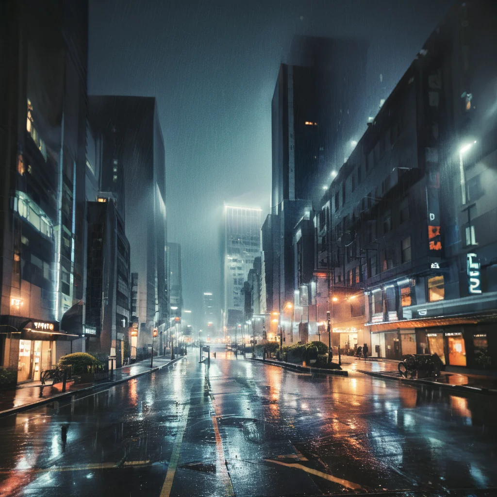 a cityscape at night in the rain<lora:pouring_rain_XL:1>