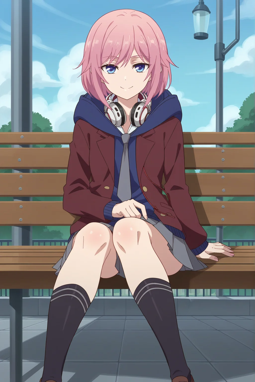 score_9, score_8_up, score_7_up, score_6_up, source_anime, 1girl, (slender:1.4), solo, matsuri ctrs, <lora:MatsuriCTR-PDXL-V1:1>, anime anime screencap,
BREAK (closed mouth, smirk), (medium breasts, short hair, pink hair),
BREAK (school uniform, miniskirt, jacket, pleated skirt, hoodie, grey skirt, black socks:1.4),
BREAK (looking at viewer, upper body, sitting on bench, front view:1.2), outdoors, headphones around neck