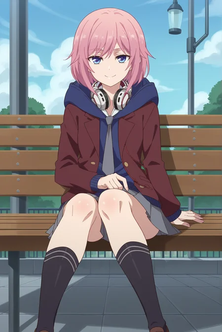 score_9, score_8_up, score_7_up, score_6_up, source_anime, 1girl, (slender:1.4), solo, matsuri ctrs, <lora:MatsuriCTR-PDXL-V1:1>, anime anime screencap,
BREAK (closed mouth, smirk), (medium breasts, short hair, pink hair),
BREAK (school uniform, miniskirt, jacket, pleated skirt, hoodie, grey skirt, black socks:1.4),
BREAK (looking at viewer, upper body, sitting on bench, front view:1.2), outdoors, headphones around neck