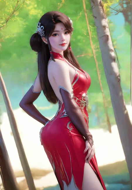 looking_at_viewer,cowboy_shot,(hands_on_ass:1.4),1girl,solo,dress,(face light:1.5),hair ornament,portiart,from front,masterpiece,(best quality),official art,extremely detailed cg 8k wallpaper,((crystalstexture skin)),(extremely delicate and beautiful),solo,realistic,photo_\(medium\),hiqcgbody,chinese background,(smile:0.4),red cheongsam,eye-contact,jewelry,long hair,<lora:huolinger_V3-000006:1>,
