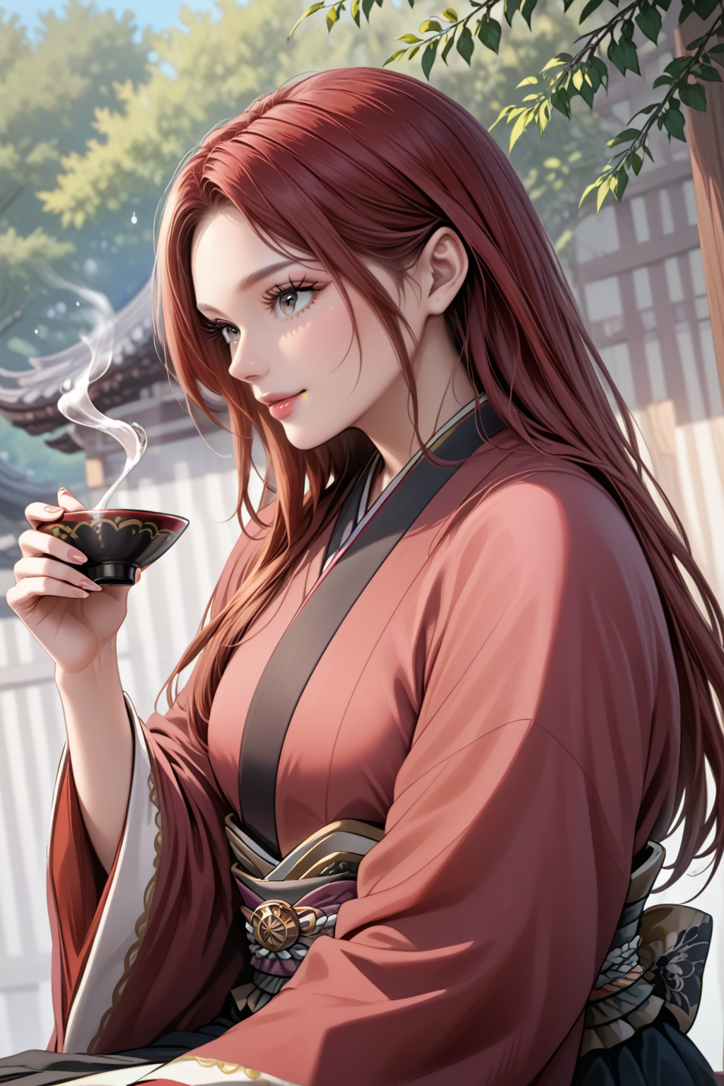 score_9, score_8_up, score_7_up, masterpiece, high quality, extreme detail, absurdres, (detailed skin texture) BREAK, realistic
 <lora:Flower Sword Mo BiyoungPonyLoRA:1>mobiyoung, long hair, hakama, obi, wide sleeves, long sleeves, sitting, holding cup of sake, happy