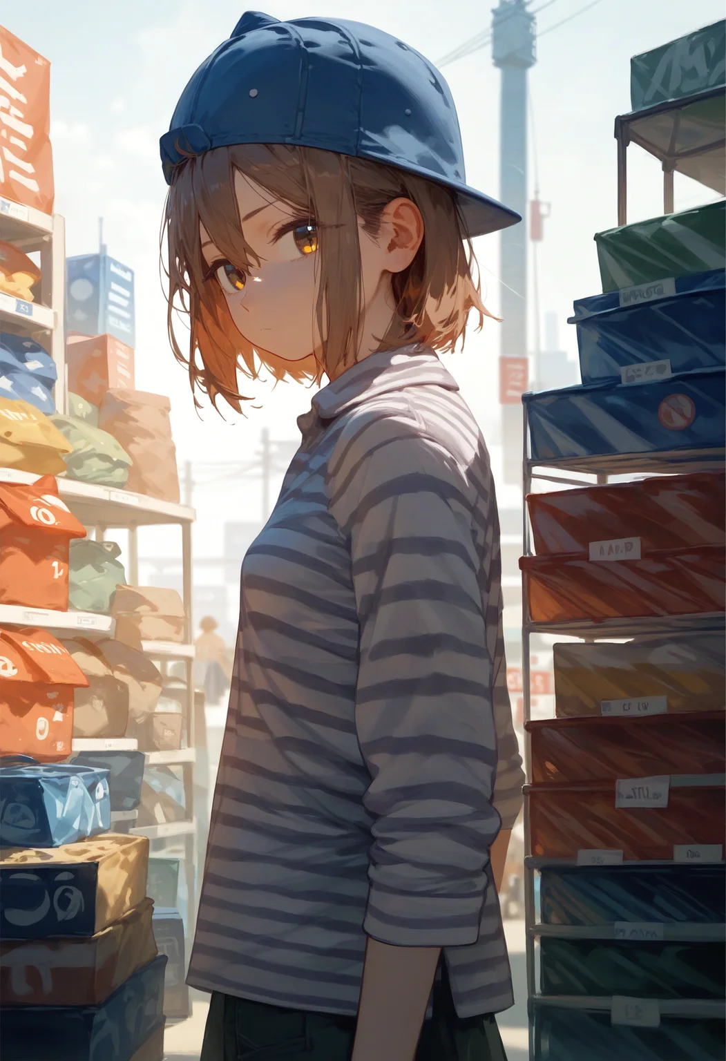 score_9,score_8_up,score_7_up,score_6_up,source_anime,<lora:Kyomu_Ai_StyleXL:1>,solo,1girl,convenience store,expressionless,from_side,striped shirt,work hat,looking at viewer,light frown,brown hair,hair between eyes,short hair,behind_counter,small breasts,