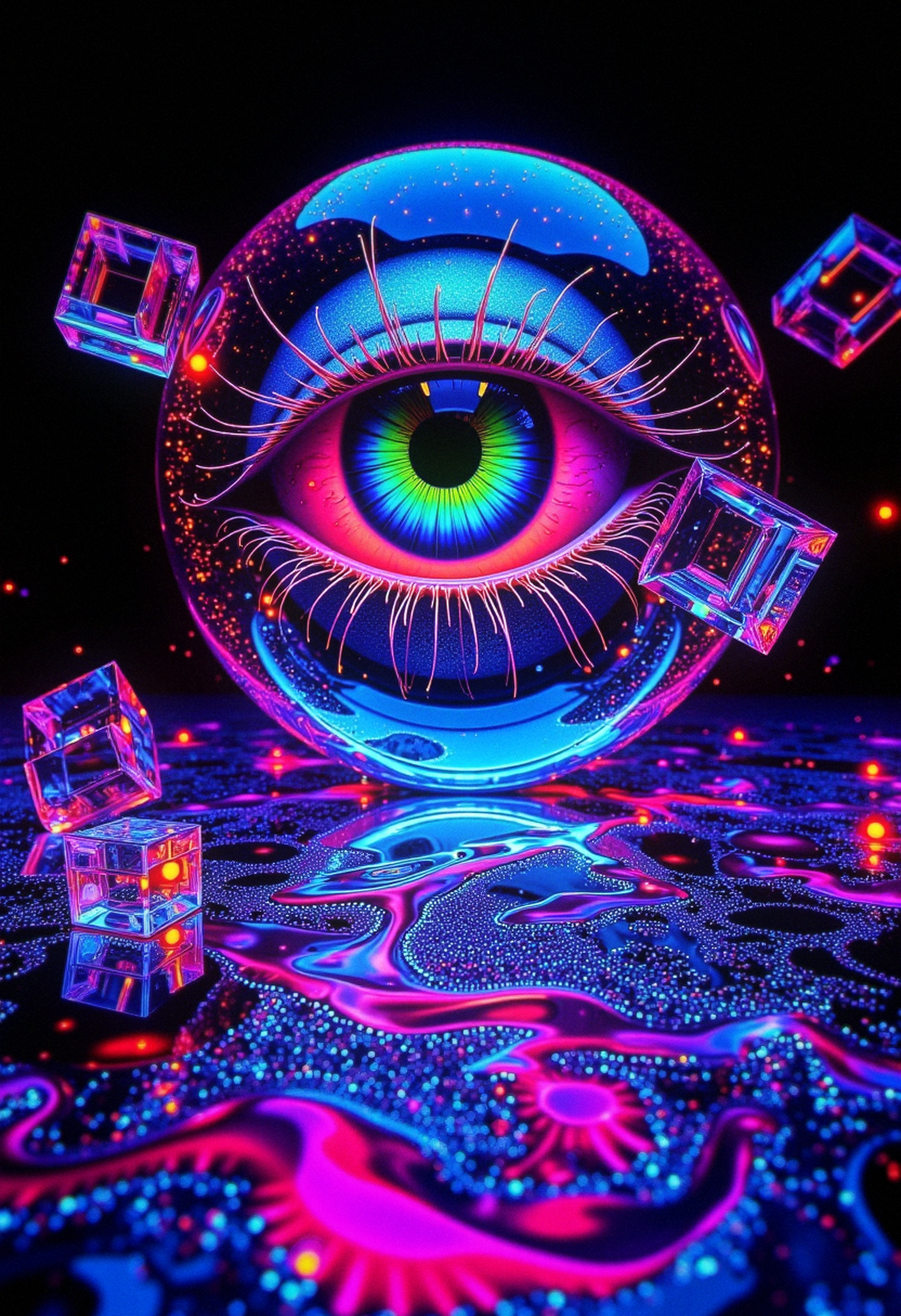 A massive, floating eye slowly rotates in an endless void, its iris pulsating with shifting neon colors. Surrounding it, geometric shapes orbit in rhythmic patterns, each form dissolving and reforming in mid-air. Transparent cubes filled with liquid light hover nearby, their surfaces rippling with fractal reflections. Lines of bo-psychedelic energy flow between the objects, distorting space as they pass through. As the eye blinks, the entire scene warps into new abstract forms, twisting reality into a mesmerizing display of surreal visuals.                 , Kodak Vision3 IMAX, <lora:Flux\boFLUX Psychedelic Surrealism v1.safetensors:1.0:1.0>