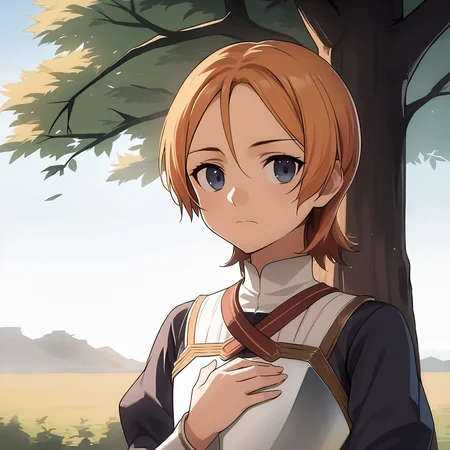 fizel, score_9, source_anime, nlwx, 1girl, breastplate, looking at viewer, outdoors, tree, upper body, closed mouth, hand on own chest, day
