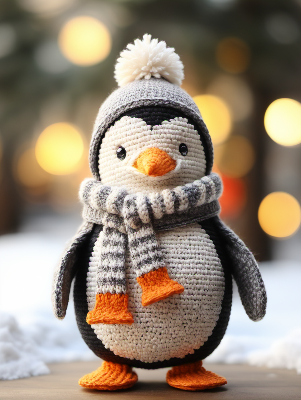 BJ_Sewing_doll, solo, looking_at_viewer, hat, standing, full_body, food, scarf, blurry, black_eyes, no_humans, depth_of_field, blurry_background, animal, beanie, animal_focus, penguin,
Best quality,masterpiece,<lora:SDXL_Sewing_doll:0.7>,