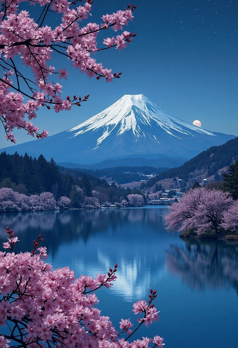 stunning artwork, psychodelic scenic japan night winter landscape, sakura garden, mountains, lake, snow, perfect composition, full moon, haze, low angle, masterpiece, award winning,, ultra detailed, highly detailed, 8k, uhd. In the style of grimmold<lora:Grimmold.safetensors:1.0:1.0>