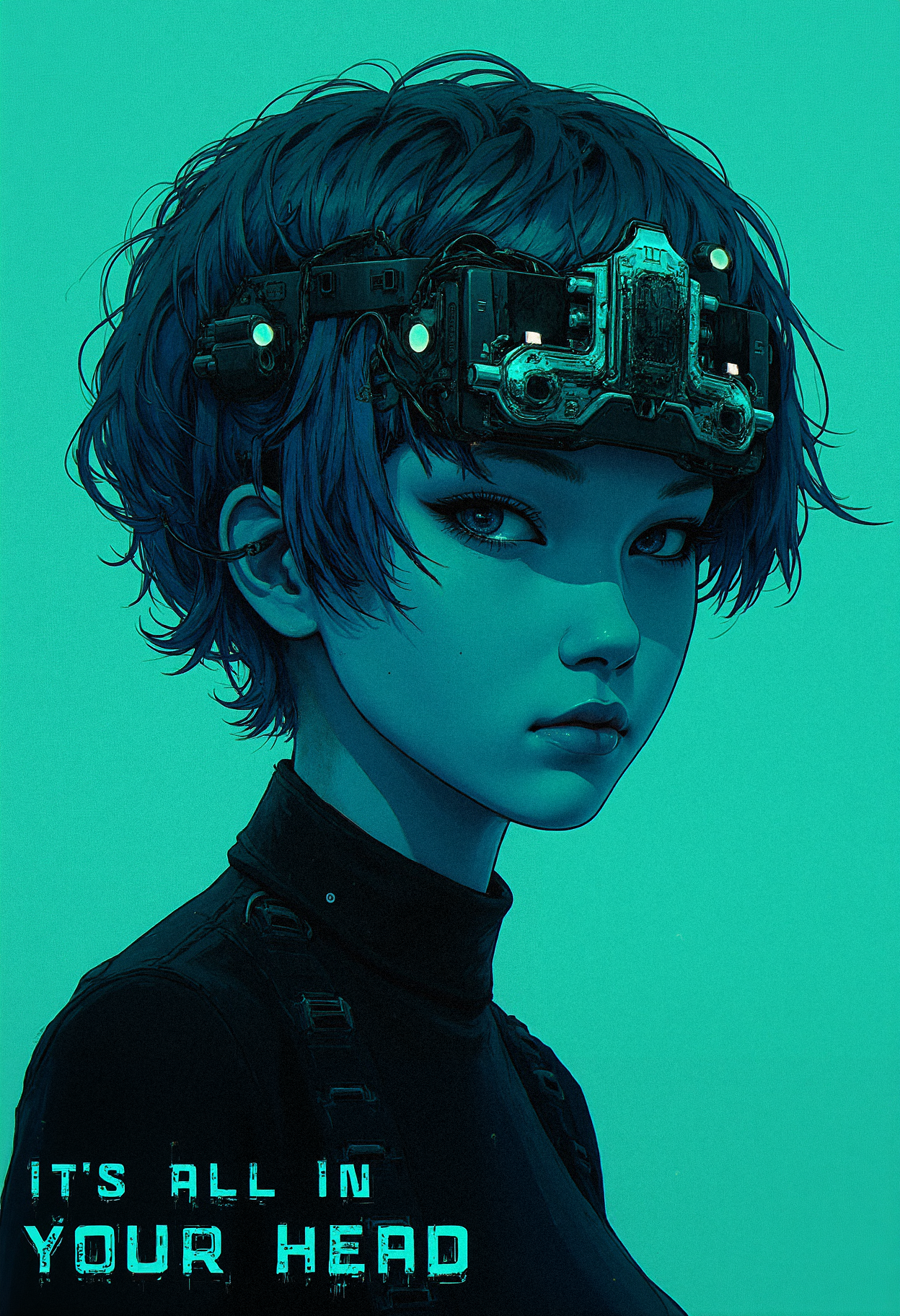 A stylized digital illustration of an anonymous person, with short, slightly messy hair, wearing a futuristic headgear with wires attached to it. The headgear covers their eyes and part of their face, resembling a cybernetic helmet. The personâs body is not fully visible; only the head and upper part of the torso are shown. The art is presented in glitch style, with digital noise and distortion effects. The image is predominantly in shades of teal and black, with subtle neon lighting. A caption in glitchy text at the bottom reads, "IT'S ALL IN YOUR HEAD."   <lora:CPA:0.8> <lora:FluxDFaeTasticDetails:0.6> <lora:flux_vividizer:0.3>