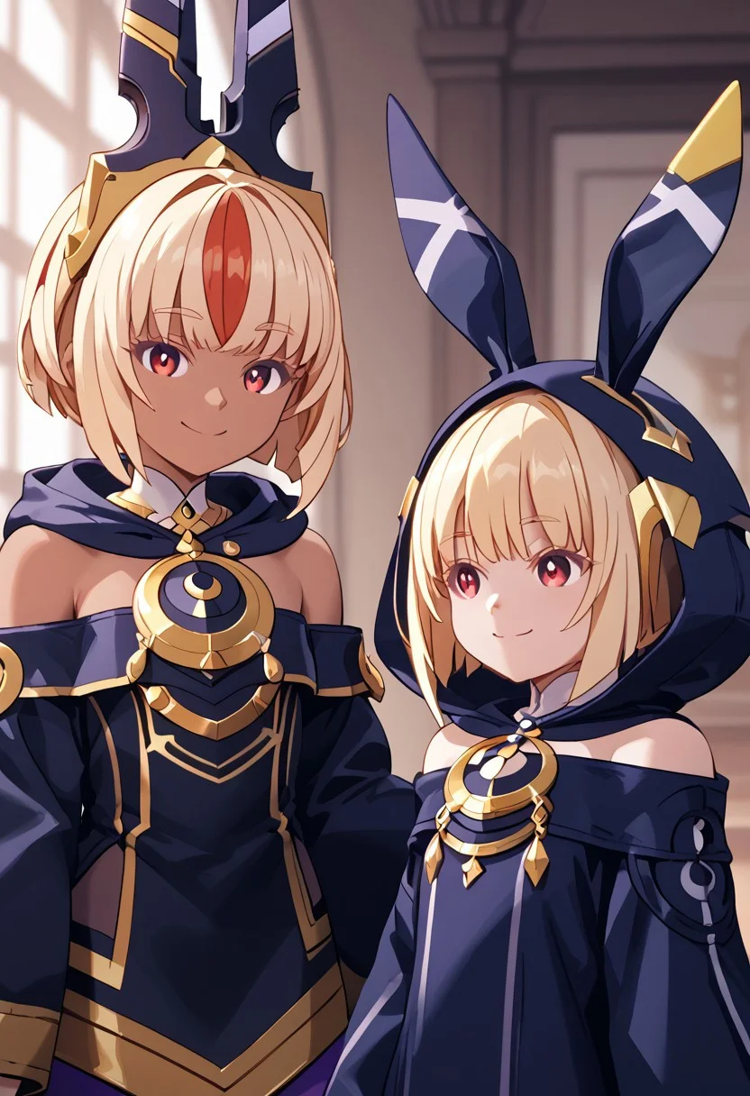 score_4,score_5,score_6,score_7_up,score_8_up,score_9 ((masterpiece,best quality,ultra detailed,highres,HD,4k:1.2)), 
2girls, Two shots,Height difference, face focus,
upper body,
blonde hair,bangs,short hair,bob cut,sidelocks,red eyes
dark skin,dark-skinned femalemulticolored hair,blonde hair,short hair,bob cut,sidelocks,hair ornament,head ornament,red eyes,
long sleeves,bare shoulders,hood up,rabbit hood,animal hood,sleeves past wrists,sleeves past fingers,dress,barefoot,boots,yellow footwear,
smile,light smile,