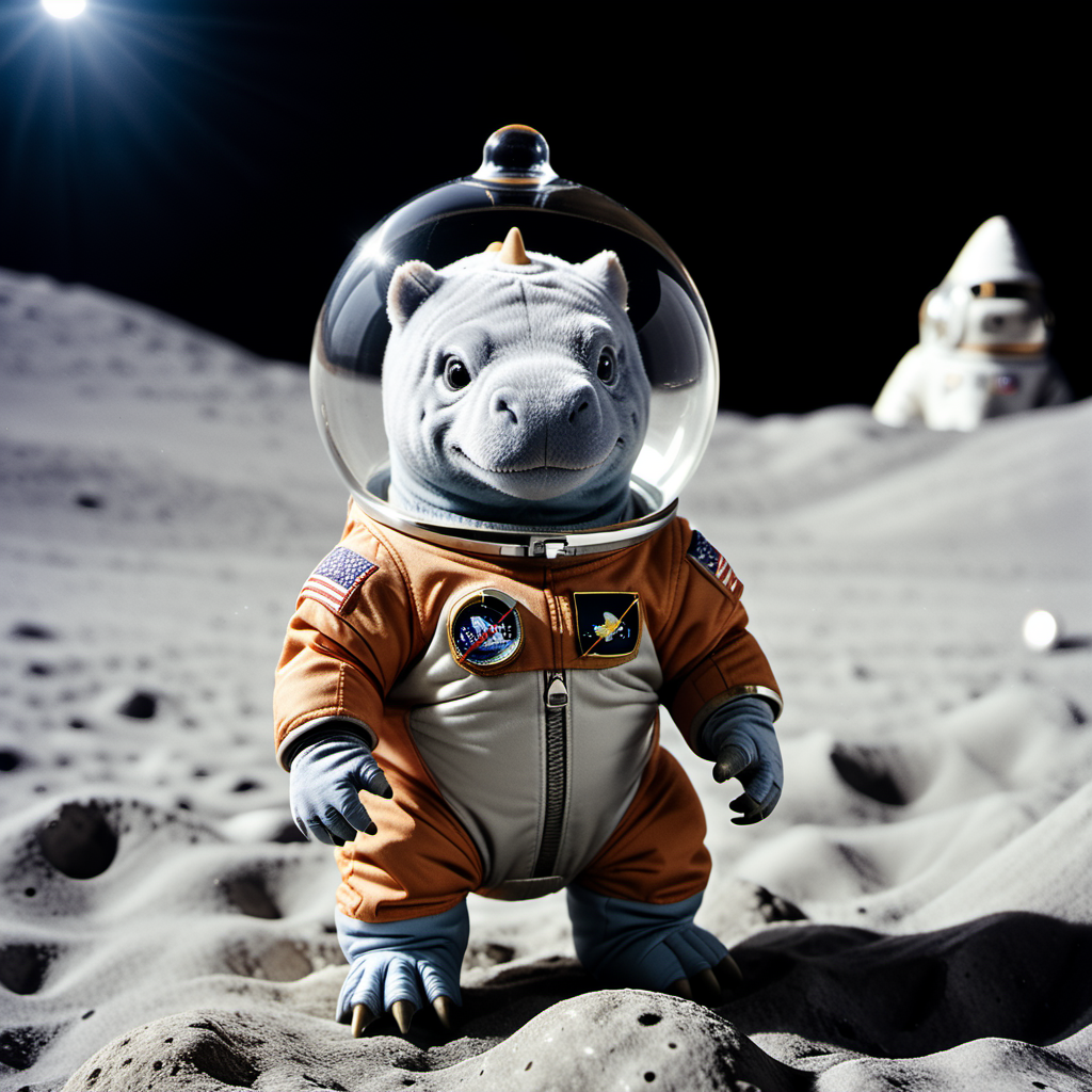 <lora:person_XL_chonkasaurus:1> photograph of a very small (chonkasaurus:1), on the moon, dressed as a astronaut, glass fishbowl over his head,