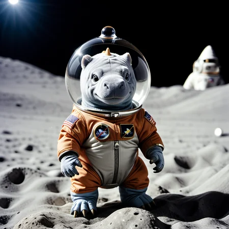 <lora:person_XL_chonkasaurus:1> photograph of a very small (chonkasaurus:1), on the moon, dressed as a astronaut, glass fishbowl over his head,