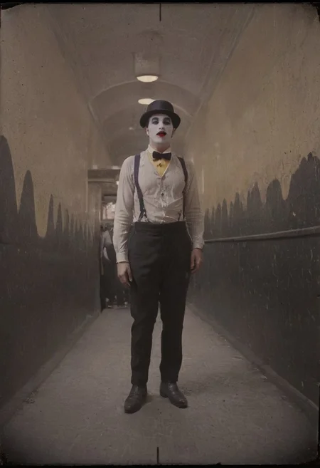 cinematic shot of gang walking in a grand 1800s bus station, dirty 1920s new orleans, menacing gaze, wearing black-pants, yellow suspenders, red bow tie, high dark purple cowboy hat, white mime, glitter blue-shirt, dramatic shadows, high resolution, carrying guitar cases