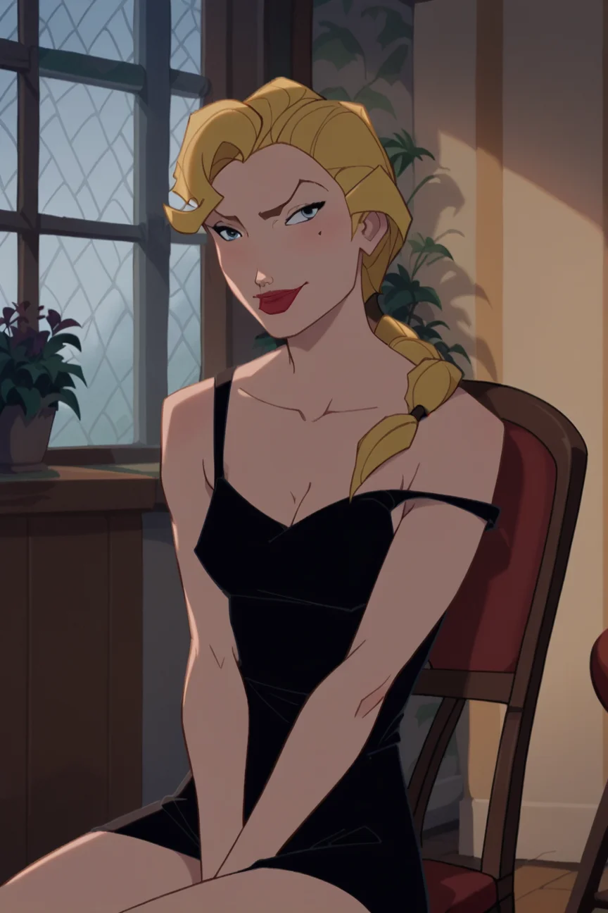 score_9, score_8_up, score_7_up, source_cartoon, <lora:ATlantis:0.9>,helga sinclair, blonde hair, blue eyes, mole, mole under eye, long hair, red lips, lipstick, braid, makeup, medium breasts,black dress, strap slip, cleavage open, closed mouth, smile, sitting, in chair, indoors, solo, best quality, high quality, 2d, cartoon