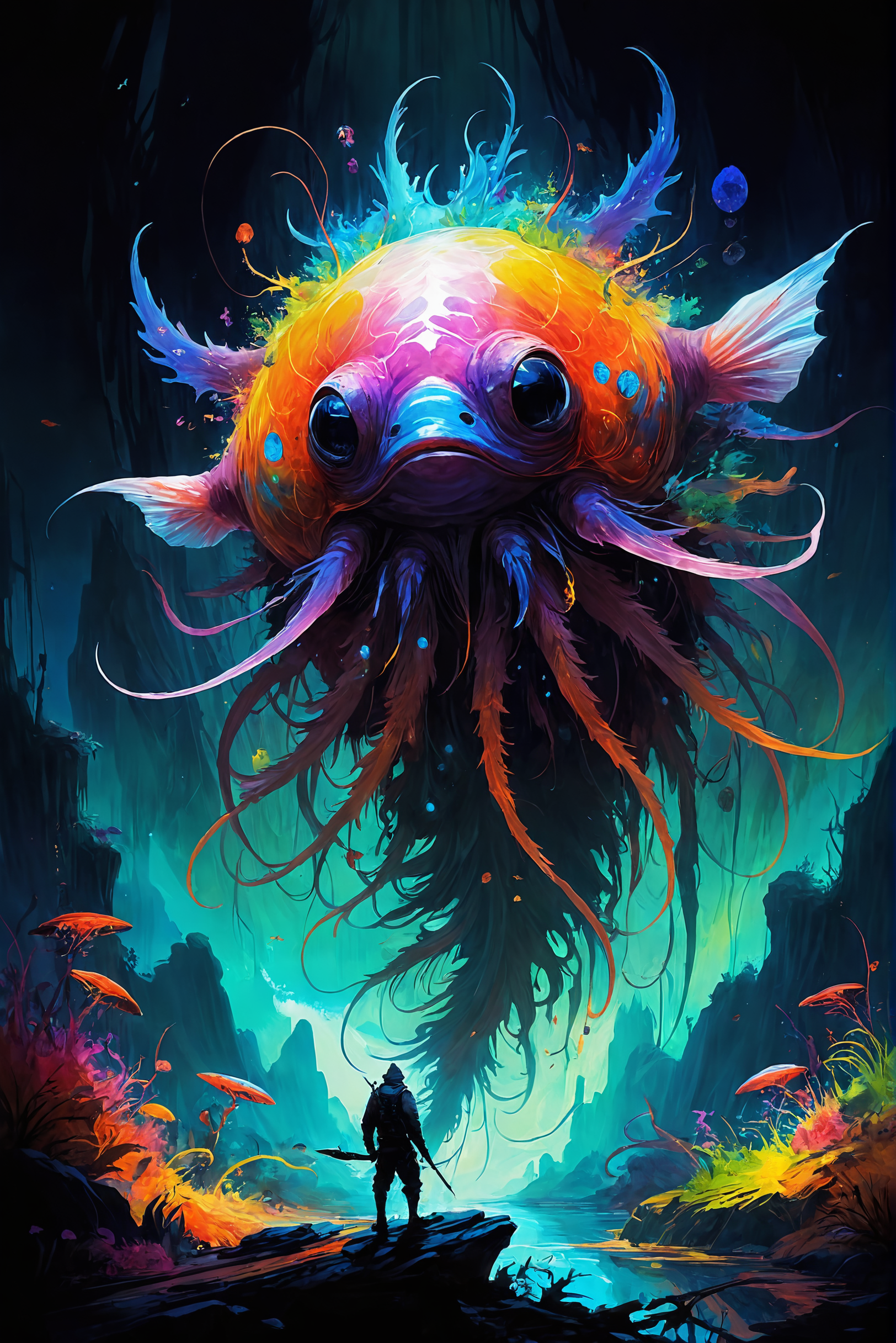 (dark fantasy) ,Fauvism Art of famous artwork inspired by (ori and the blind forest:1.1) and (archan nair:1.2) and (steve prescott:1.2), (dramatic scene:1.4), (fractal art:0.7), fantasy style, dynamic angle, this (bioluminescent organism:1.3), the "mesmerizing flurbfish" with its iridescent hide hunts dimarified (colorful insects:1.3) in the (lush desert oases:1.1) on planet "underheim iv", its diggerbranded body casting a soft, pulsing glow on the jetcurbled surroundings , rpg, gothic, medieval, dark Olivier Valsecchi, Albert Benois, Samuel Peploe, <lora:add-detail-xl:1> > <lora:more_details:1>, painterly, bold colors, textured brushwork, fauvism art
