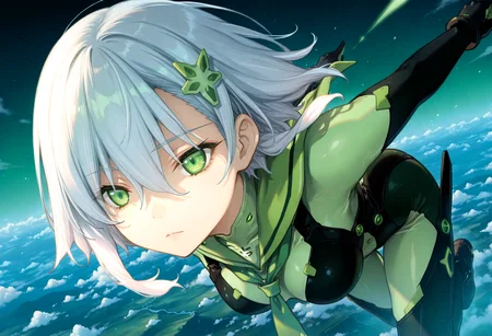 <lora:Saki_Inui_Illustrious:0.8>, <lora:SDXL_HandFineTuning_XL:0.4>, <lora:for_illust_spo_sdxl_10ep_4k-data_lora_webui:0.7>, <lora:for_illust_GBF_Illustrious:0.4>, <lora:for_illust_ponyv5_noobV065S_1_adamW-000013:0.7>, <lora:for_illust_748cmSDXL:0.8>, perfect quality, best quality, absolutely eye-catching, cinematic, (masterpiece), (ultra-detailed), very aesthetic, illustration, perfect composition, ultra detailed face, detailed eyes, 1girl, green eyes, beautiful eyes, beautiful, saki inui, green bodysuit, gloves, green necktie, white hair, short hair, hair ornament, flying, emotionless