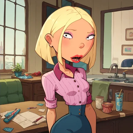 score_9, score_8_up, score_7_up, 1girl, Courtney, blonde hair, short hair, bob cut, makeup, lipstick, small breasts, narrow waist, wide hips, looking at viewer, highres, high quality, masterpiece, <lora:Courtney_Gripling:0.9>