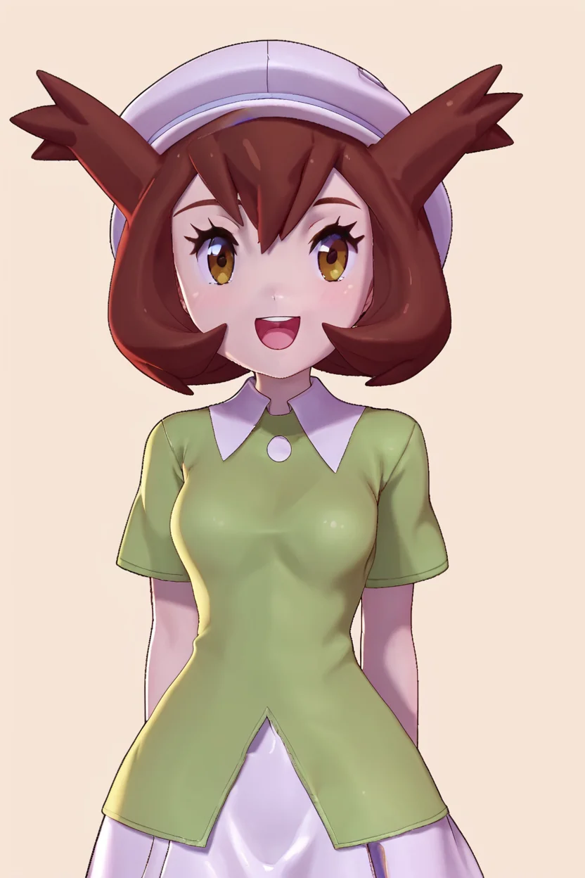 score_9, score_8_up, score_8, medium breasts, (curvy), cute, eyelashes,       BREAK, , zzBianca, brown hair, brown eyes, medium hair, hair between eyes, short sleeves, green shirt, collared shirt, white hat, skirt, white skirt, <lora:Bianca_PokemonHeroes_PDXL_v2:0.7>,, BREAK, smile, looking at viewer, cowboy shot, embedding:zPDXL, Expressiveh, <lora:Zy0n7_PDXL:1.0>,  <lora:SDXLFaeTastic2400:0.5>,  <lora:Expressive_H-000001:0.4>,