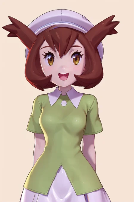 score_9, score_8_up, score_8, medium breasts, (curvy), cute, eyelashes, BREAK, , zzBianca, brown hair, brown eyes, medium hair, hair between eyes, short sleeves, green shirt, collared shirt, white hat, skirt, white skirt, <lora:Bianca_PokemonHeroes_PDXL_v2:0.7>,, BREAK, smile, looking at viewer, cowboy shot, embedding:zPDXL, Expressiveh, <lora:Zy0n7_PDXL:1.0>, <lora:SDXLFaeTastic2400:0.5>, <lora:Expressive_H-000001:0.4>,