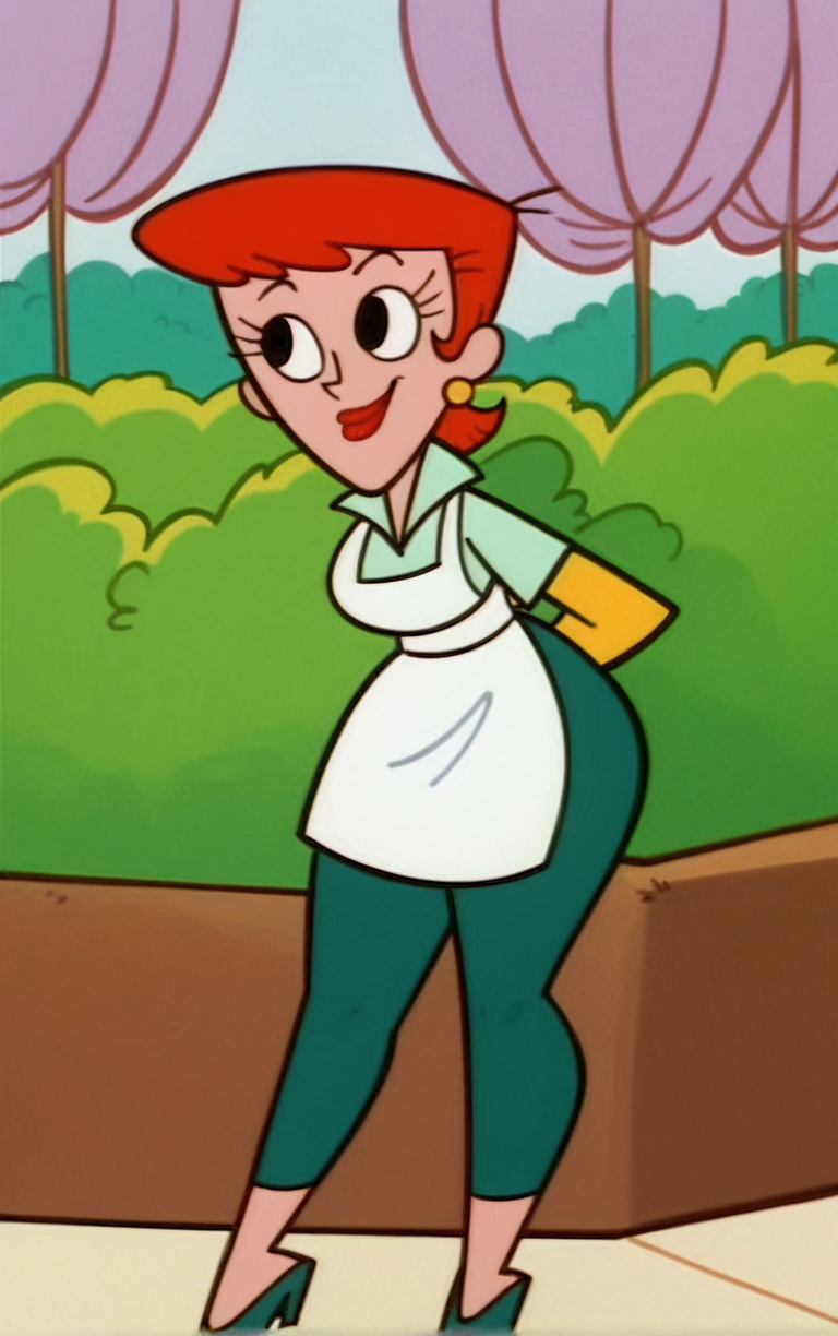 score_9, score_8_up, score_7_up, BREAK
MainOutfit_DextersMom_ownwaifu, 
1girl, aqua shirt, breasts, collared shirt, earrings, eyelashes, green leggings, narrow waist, oven mitts, red hair, red lips, short hair, thick thighs, white apron, wide hips, yellow gloves, jewelry, lipstick, makeup, apron, black eyes, short sleeves,
(leaning forward, arms behind back), cowboy shot, garden, wisteria, outdoors, <lora:PONYXL_MOM_DextersMom_ownwaifu:0.85> , depth of field, solo,