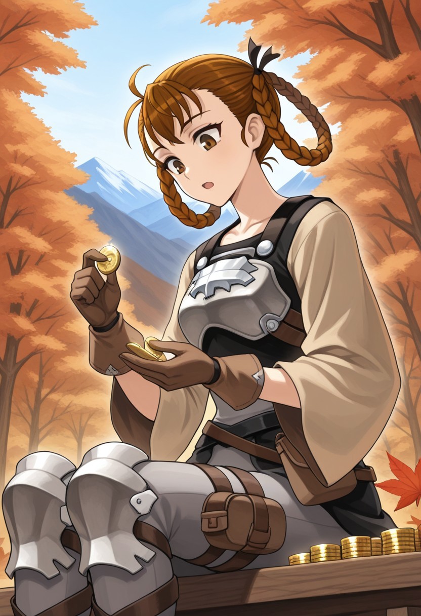 source_vanillaware,
1girl, solo,
LizaIL, Liza Unicorn Overlord,
brown eyes, brown hair, braided hair rings, hair rings, black hairbows,
black top, exposed neck, small breastplate, gray bodysuit, beige sleeves, wide sleeves, brown gloves, leather straps,
stoic, looking down, open mouth, counting coins, holding pouch, sitting,
autumn trees, mountains,