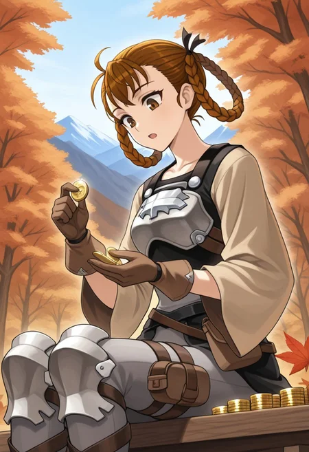source_vanillaware,
1girl, solo,
LizaIL, Liza Unicorn Overlord,
brown eyes, brown hair, braided hair rings, hair rings, black hairbows,
black top, exposed neck, small breastplate, gray bodysuit, beige sleeves, wide sleeves, brown gloves, leather straps,
stoic, looking down, open mouth, counting coins, holding pouch, sitting,
autumn trees, mountains,