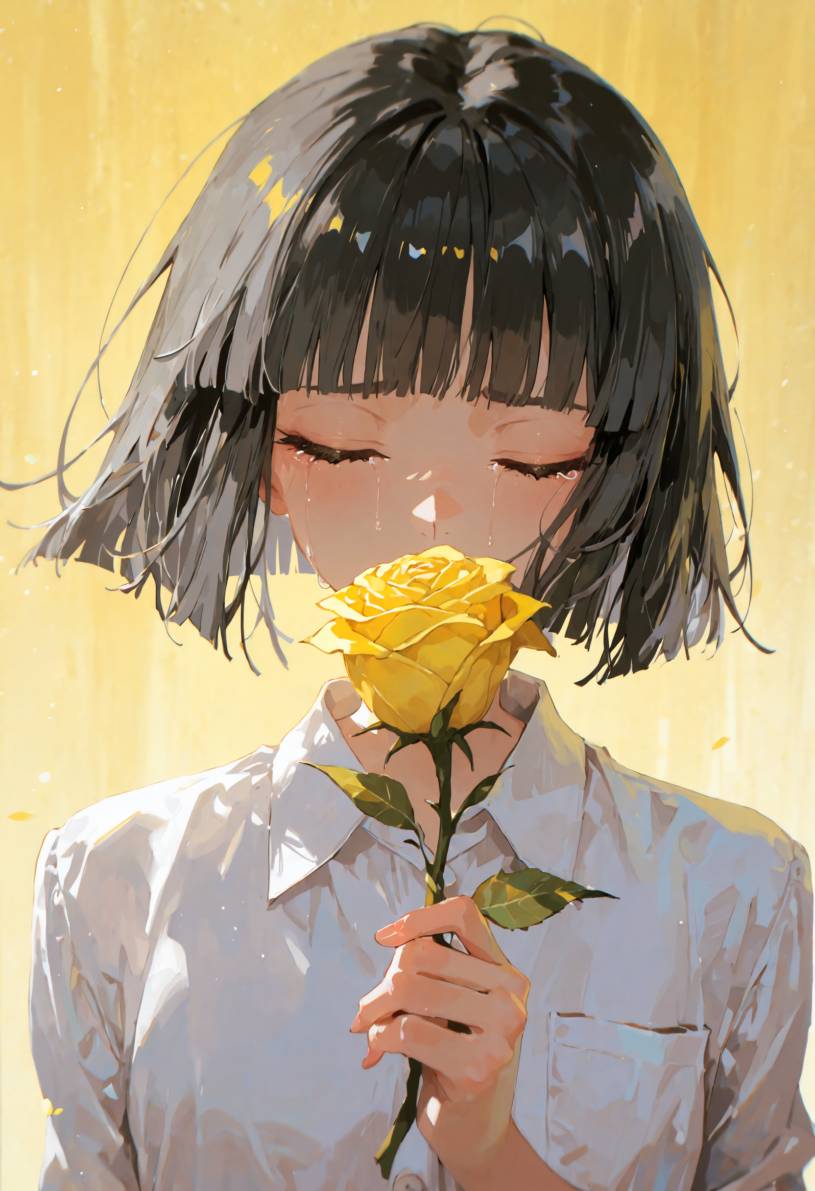 masterpiece, best quality, newest, absurdres, highres, very awa, anime screencap, no lineart, limited palette, painting \(medium\), traditional media, ambient occlusion, depth of field, simple background, gradient background, yellow background, 1girl, solo, flower, yellow flower, closed eyes, holding flower, holding, bob cut, white shirt, shirt, blunt bangs, tears, grey hair, short hair, painting \(medium\), facing viewer, crying, watercolor \(medium\), traditional media, upper body, collared shirt, portrait, black hair, eyelashes, blunt ends, yellow rose