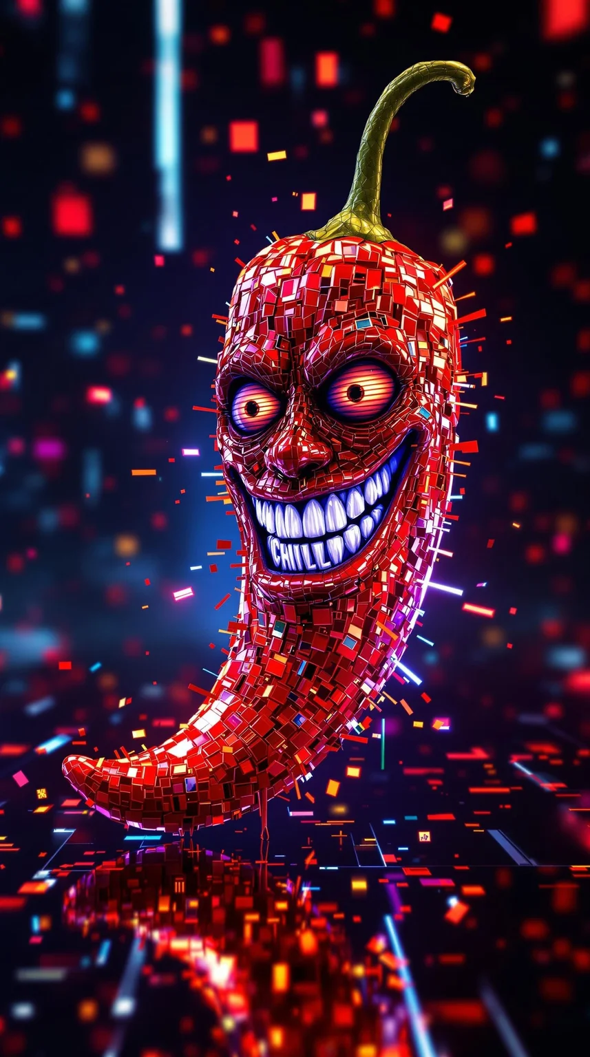 Distorted chili pepper with corrupted 3D mesh, flickering crimson and gold glitch textures, grinning with pixelated white teeth. 'CHILI' in fragmented chrome letters with digital static, 'JUST CHILING' as fragmented ASCII art with RGB split. Background: Corrupted digital void with CRT scanlines, corrupted file icons, and VHS tracking errors. Style: 404 error page meets cyber-organic glitch art, with datamosh effects, RGB noise, and broken grid patterns. High-contrast neon glitches, experimental digital art.
GOLDEN RATIO COMPOSITION IS VERY IMPORTANT, high fashion photography, Midjourney style, cinematic
realistic soft lighting, eye-catching, atmospheric lighting, natural, shallow depth of field, highlights, high detail, dynamic, sincere, cinematic shot, bokeh, depth of field
highly detailed, realistic, cinematic lighting, 8k resolution, sharp focus, depth of field, volumetric lighting, realistic reflections, natural textures