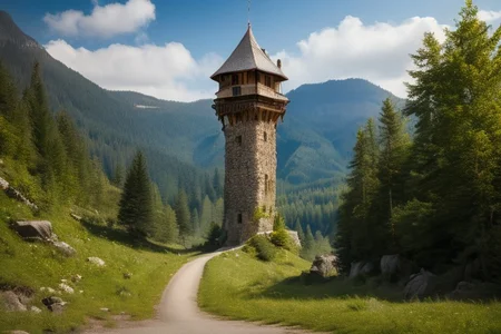 realistic analog photo, award winning photo, vary wide shot of stone witow tower:1.3, no humans, scenery, blue sky, road, nature, outdoors, RAW, highres, 8k, uhd, High Dynamic Range, tonemapping, crisp details, portcullis,