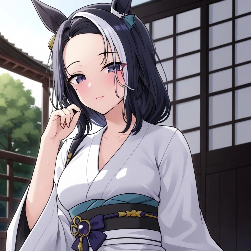 18 years old ,women,solo,1girl,nsfw,
rmnsd, horse girl, multicolored hair, streaked hair, ear ornament, mole under eye saimin.il,
saimin, tsubaki,  white clothes, white kimono, 
clothed girl, kimono,