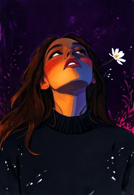 (resplendent highlighting) in the style of casual line and wash sketch, hauntingly beautiful, a drawing of a woman with long loose brown hair, imperious look, looking up, inspired by Miguelanxo Prado and Amy Sol, olive skin, ultraviolet and infrared hues, white flower-pattern on dark-black sweater, anaglyph colors, aidmamj6.1, 3xpr3sgg0th1cn30n1nc4s3, ExpresHGothicNeonIncaseUOC, ExpresHGothicNeonIncase,
