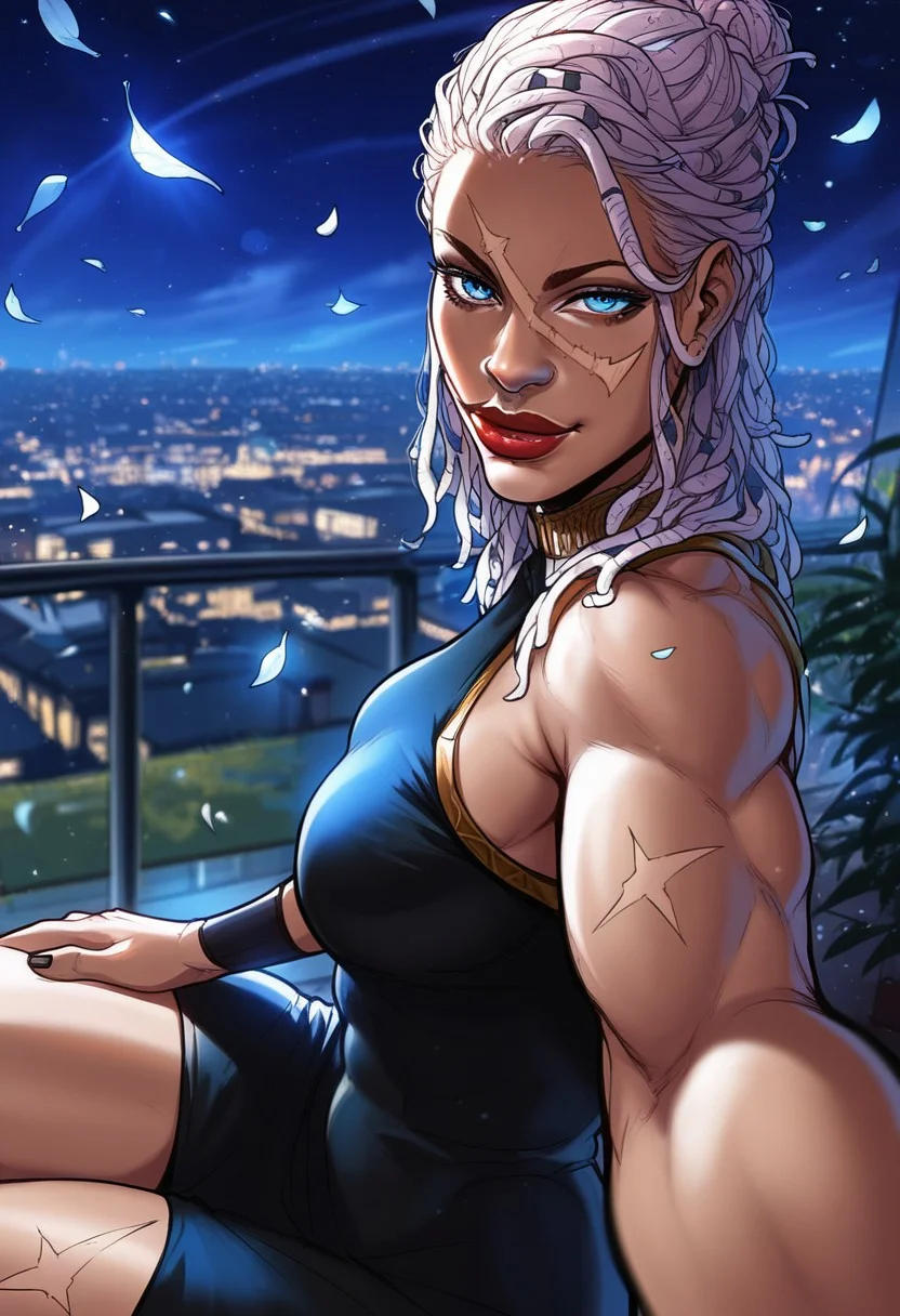detailed face, detailed eyes, high resolution, intricate design, sharp edges, smooth, high detailed, god level, good proportions, detailed fingers, (masterpiece, best quality, ultra-detailed), (anime style, manhwa style:1.2)
...
(Andrea, 1girl, scar on face, scar across eye, white hair, dreadlocks, single hair bun. heterochromia, left orange eye, right blue eye, muscular female, black loin dress, single sleeve, black high heels, jewelry, lipstick, huge thighs)
...
looking at viewer, sitting, crossed legs, side view, close up, thighs up, selfie, hand on thigh, inclined, (portrait:1.3)
...
score_10, score_9, score_8, 1girl, solo, alone, cinematic, sketch
...
outdoors, buildings, night, dynamic lighting, wind, leaves, (soft lighting, dramatic shadows), (sharp focus, depth of field), (cinematic lighting:1.3), ( mystical aura), ethereal light rays, warm glow, realistic shading