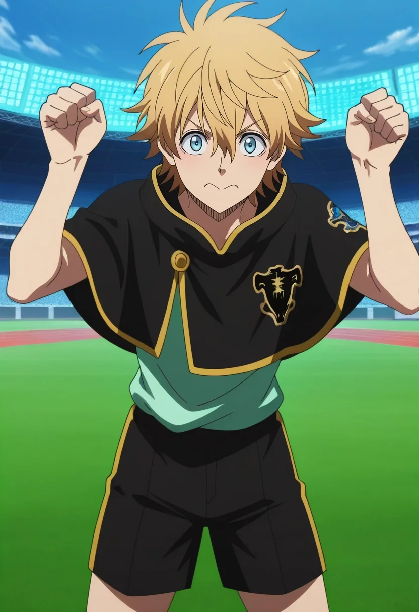 masterpiece, best quality, , anime screencap, anime coloring, official style, looking at viewer, 1boy, solo, male focus, <lora:luck_voltia_ilxl:0.98>, luck_voltia, blonde hair, blue eyes, short hair, hair between eyes, , capelet, sports field, freshly painted lines, cheering fans, glowing scoreboard, playing pose, determined expression, vibrant energy, Toile Organza Dress shorts, Felt Varsity jacket, , , and
