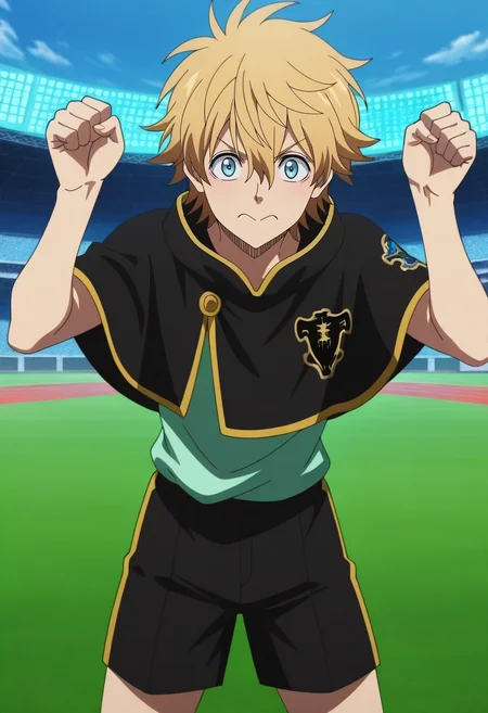 masterpiece, best quality, , anime screencap, anime coloring, official style, looking at viewer, 1boy, solo, male focus, <lora:luck_voltia_ilxl:0.98>, luck_voltia, blonde hair, blue eyes, short hair, hair between eyes, , capelet, sports field, freshly painted lines, cheering fans, glowing scoreboard, playing pose, determined expression, vibrant energy, Toile Organza Dress shorts, Felt Varsity jacket, , , and