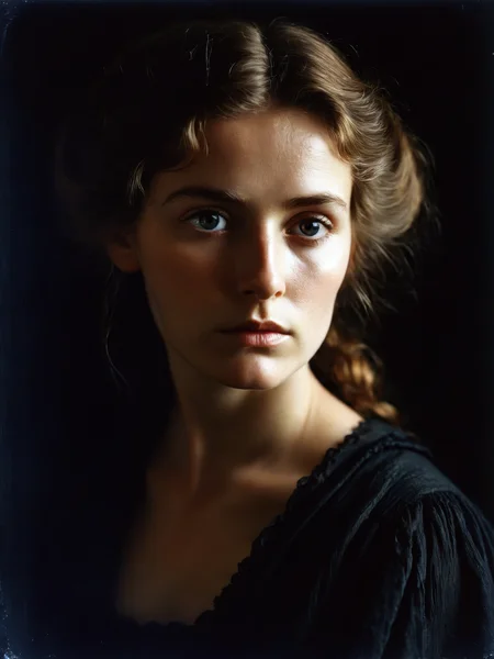(Soft Lighting Photography by Mimoza Veliu and Mario Giacomelli:1.2), feverish pretty irish peasant woman in the 19th century, side soft light, dark environment, black over black, highly detailed