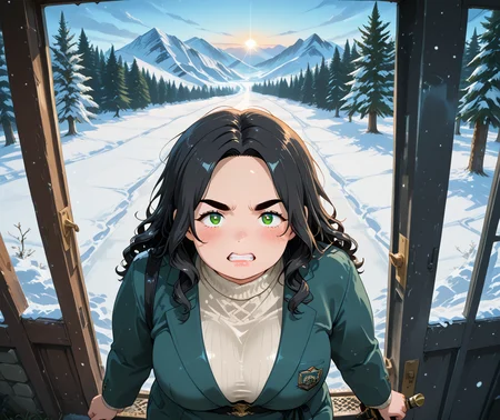 IllusP0s, PonyScores7, source_anime, ah1, IllustriousQual, interesting, exciting, spectacular, wonderful, amazing quality, absolutely eye-catching, very awa,
BREAK <lora:xl_more_art-full_v1:0.2>, <lora:aesthetic_anime_v1s:0.2>, <lora:detailxl:0.2>, detailxl, amazing quality, best aesthetic, absurdres, illustration, Volumetric_Lighting, ultra-detailed, very aesthetic, intricate details, best_quality, lazympos, <lora:Add_Details_v1.2:0.4>, <lora:quality_modifiers_masterpieces_v1:0.2>, anime style, <lora:HDA_Detailer:0.3>, <lora:natsumi_style:0.2>, <lora:by_usakun-pony:0.2>, by usakun, <lora:Akina_Bbw_Style_-_PonyXL:0.2>, AkinBw,
BREAK (((coming through the steel door))), dynamic pose,
BREAK 1girl, mature female, (curvy), round-chin, caucasian, <lora:ETO_OC_Illustrius:0.5>, eto_oc, skindentation, (plump), thick thighs, wide hips, busty, voluptuous, round ass, gigantic breasts, <lora:plussizegirls_IL:0.3>, <lora:plussizegirls_pony:0.3>, <lora:shinyskin2:0.2>, glistening skin, HDA_FatGirlXL, <lora:perfection style:0.2>, perfection style, perfection, 
BREAK ((Sheath dress with a fitted blazer)),
BREAK (curly hair), long hair, (black hair:1.4), (parted hair:1.7), messy hair, kinky curls, detailed hair, <lora:hairdetailpxl:0.2>, hairdetailpxl,
BREAK (half green and brown eyes), (colorful eyes), (multicolored eyes), (downturned eyes:1.4), expressive eyes, perfect eyes, eyes hd, detailed eyes, (round face:1.2), (thick eyebrows:1.3), (plump face), lips, <lora:Round_face:0.2>, iris lines, <lora:Detailed eyes-Illustrious:0.3>, iris and pupil, soft shimmer on the iris,
BREAK (((showing grit (clenched teeth) expression))), Expressive, emotional, looking at viewer, Face Detailed, <lora:Expressive_H:0.2>, Expressiveh, <lora:Emotional_Anime_Expressions_PonyXL_Concept:0.2>, <lora:Best_Facial_Expression_LoRA_PONY:0.2>, looking at viewer, <lora:Detailed expressive EXEV style -XL Pony V1.0:0.2>, FaceDetail, <lora:Best_Facial_Expression_Helper_XTREME_ILLU:0.4>, kaogei,
BREAK (((a breathtaking view of a snow-covered landscape in Norway at dusk, with the last light of day casting a soft glow over the white expanse, Pine trees stand tall, their branches heavy with snow, creating a tranquil and peaceful atmosphere))), (((bust))), 4k, 8k, Ultra HD, Masterpiece, Best quality, Detailed background, foreshortening, extreme perspective, full_details, <lora:AddMicroDetails_Illustrious_v4:0.3>, addmicrodetails,