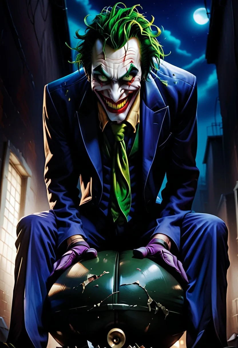 Score_9, score_8_up, score_7_up, rating_explicit, uncensored,  
Break, 
the joker, 1boy, solo, green hair, suit, smile, formal, necktie, gloves, green eyes, messy hair,
Break,
Joker outfit
Break, 
(sitting on bomb:1.4), (leaning forward:1.4)
Break, 
(below view:1.5), (crazy expression:1.3), (crazy eyes;1.3), 
Break,
(Dark alleyway background:1.5), 
Break,
(Painstakingly detailed:1.5), (8KHD), (professional artwork:1.4), (amazingly realistic:1.4) 
Break,
(dark dramatic lighting:1.2), (night time:1.5), dramatic chiaroscuro lighting, 
Break, 
easynegative, ng_deepnegative_v1_75t, Expressiveh, verybadimagenegative_v1.3, Cinematic Hollywood Film Style