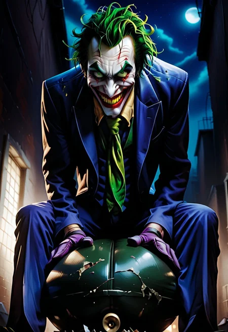 Score_9, score_8_up, score_7_up, rating_explicit, uncensored,
Break,
the joker, 1boy, solo, green hair, suit, smile, formal, necktie, gloves, green eyes, messy hair,
Break,
Joker outfit
Break,
(sitting on bomb:1.4), (leaning forward:1.4)
Break,
(below view:1.5), (crazy expression:1.3), (crazy eyes;1.3),
Break,
(Dark alleyway background:1.5),
Break,
(Painstakingly detailed:1.5), (8KHD), (professional artwork:1.4), (amazingly realistic:1.4)
Break,
(dark dramatic lighting:1.2), (night time:1.5), dramatic chiaroscuro lighting,
Break,
easynegative, ng_deepnegative_v1_75t, Expressiveh, verybadimagenegative_v1.3, Cinematic Hollywood Film Style
