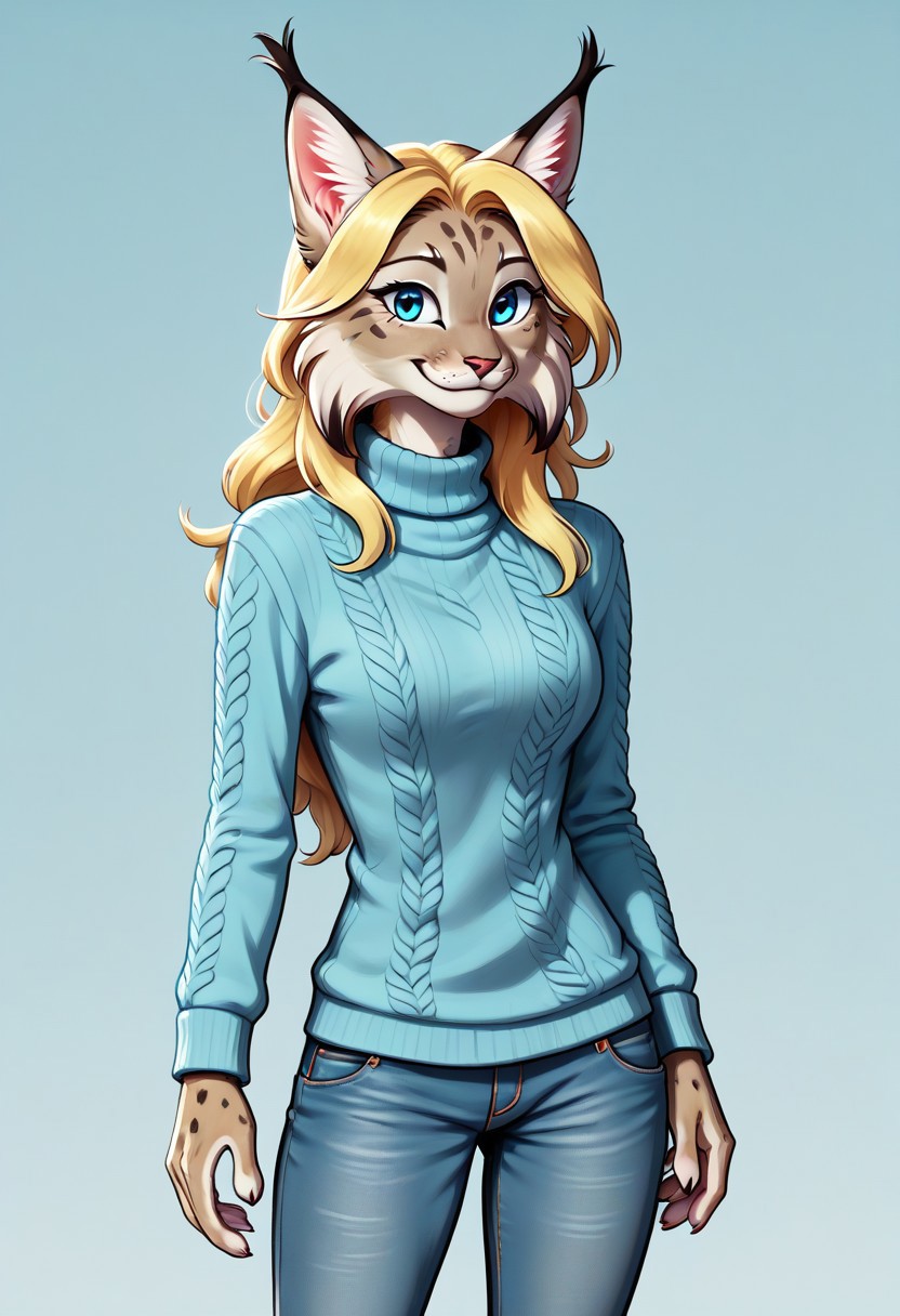 digital_media_(artwork) hi_res, score_9, score_8_up, score_7_up, score_6_up, score_5_up, score_4_up, rating_safe, beautiful, anthro, furry, female, detailed textured fur, fur tufts, fluffy, slim, slender, cute, sweater, baggy denim jeans, beautiful blue eyes, detailed eyes, smile, solo, SFW, lynx, long blonde hair, multicolored hair, streaked hair, absurdres, highres,