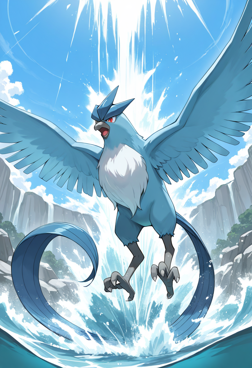 masterpiece, best quality, no humans,   ,<lora:ArticunoPokedex_IXL:1.0>,   zzArticuno, open mouth, red eyes, outdoors, water,