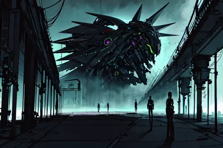 highly insanely detailed, masterpiece, top quality, best quality, highres, 4k, 8k, RAW photo, (very aesthetic, beautiful and aesthetic),
tsutomu nihei,nihei_tsutomu,blame!,blame gakuen!,abara,TNstyle,sidonia_no_kishi,fence,star \(sky\),starry sky,gauna,gauna mech,dome,air conditioner,lantern,dark sky,black sky,foggy,fog,smoke,mist,wire,drainpipe,ventilation fan,ventilation shaft,cables,tubes,industrial pipes,bridge,concrete walls,metal walls,buildings,walkway,tentacles,letterboxed,flock,
<lora:blameLora_v10:0.7>,
(1girl:1.3),
solo focus,
pure purple background,pure green background,(multicolored background,neon color background,rainbow background),âââ