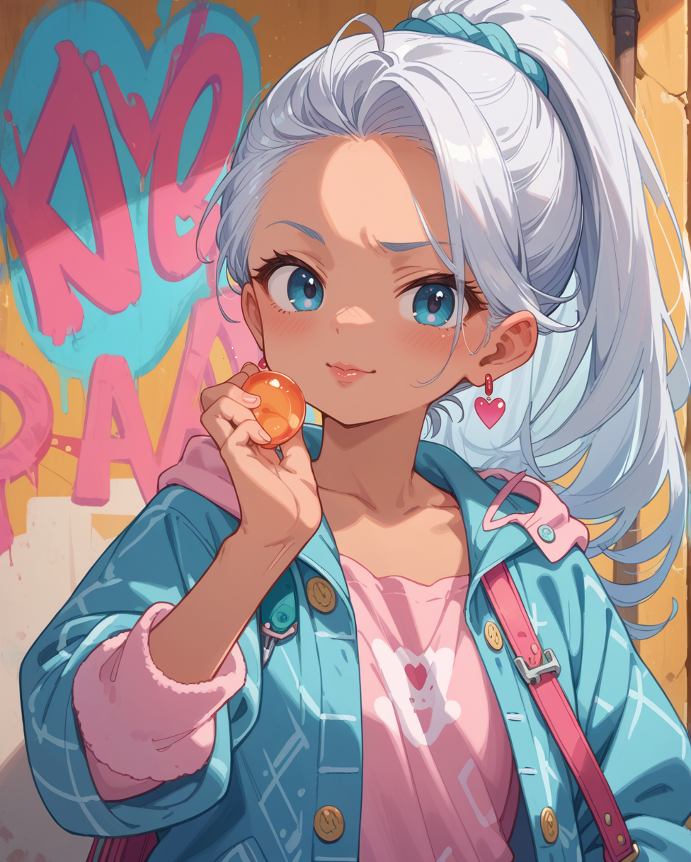 score_9, score_8_up, score_7_up, source anime,  positive: score_9, score_8_up, source_anime,
(shiny skin),
[striking, fauvism oil painting, Cozy flannel pajama set, Trailblazer, Average Height, Lean, Heart-Shaped Face, Tan Skin, Silver Hair, ice blue Eyes, Narrow Nose, Full Lips, Prominent Chin, Long Hair, Coarse Hair, High Ponytail, full breasts, Cuff earrings, pink sheer lipstick, Confidently posing against colorful graffiti], , <lora:HandFineTuning_XL:1>,