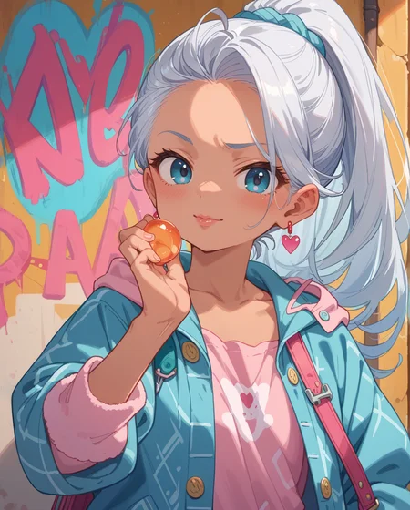 score_9, score_8_up, score_7_up, source anime,  positive: score_9, score_8_up, source_anime,
(shiny skin),
[striking, fauvism oil painting, Cozy flannel pajama set, Trailblazer, Average Height, Lean, Heart-Shaped Face, Tan Skin, Silver Hair, ice blue Eyes, Narrow Nose, Full Lips, Prominent Chin, Long Hair, Coarse Hair, High Ponytail, full breasts, Cuff earrings, pink sheer lipstick, Confidently posing against colorful graffiti], , <lora:HandFineTuning_XL:1>,