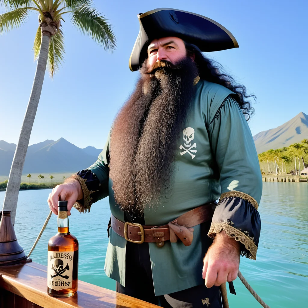 powerbeard, pirate captain, 17th century, long black wig, tall, burly, black hair, hairy arms, galleon, standing on main deck, skull and crossbones flag, jolly roger, rigging, rope coil, half full antique rum bottles, tropical inlet, aqua water, sun reflections on water, late afternoon, palm trees, distant mountains, detailed background, shadows<lora:Power_Beards:1>