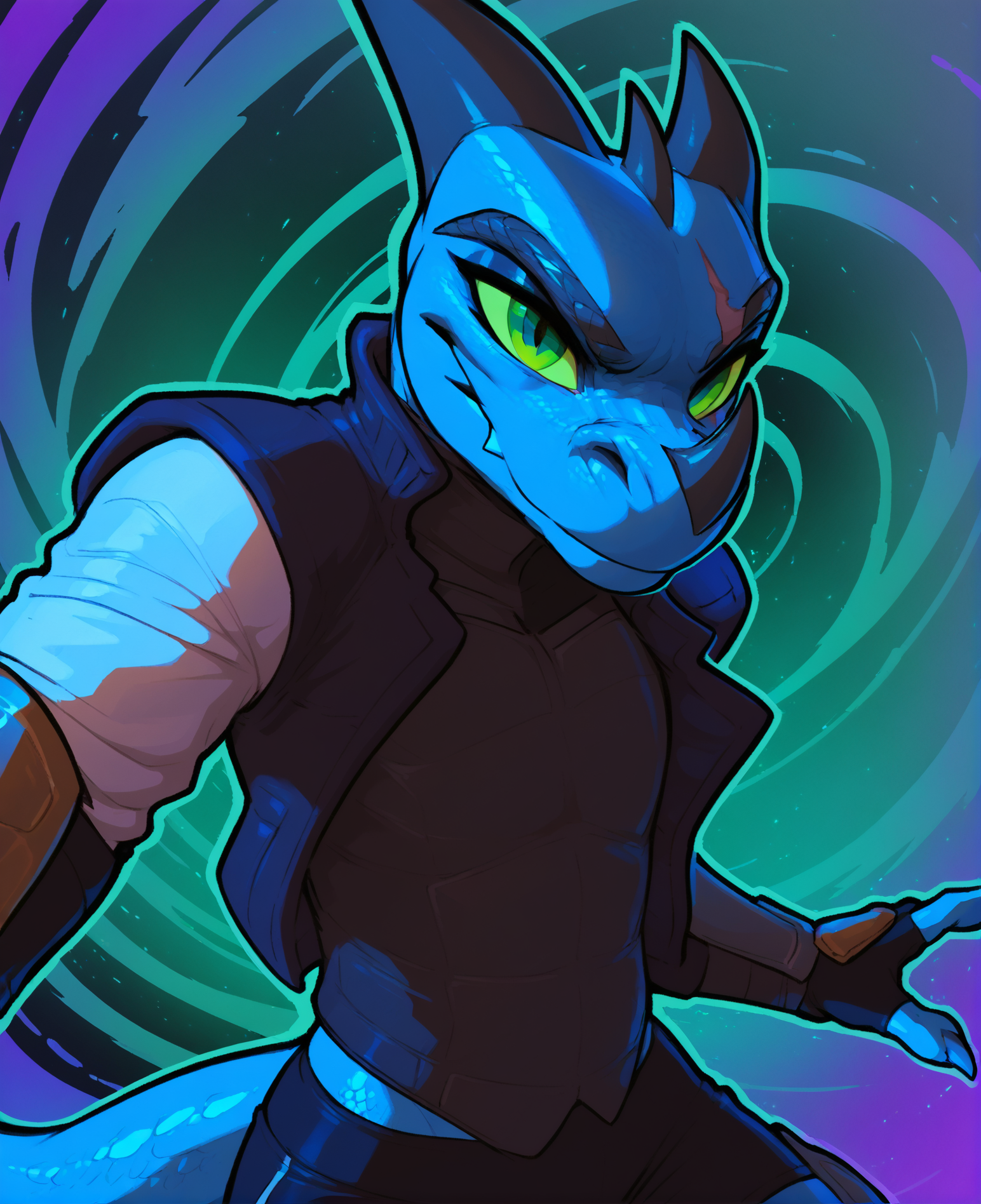 <lora:fortnitelsxl:0.86> fortnitelsxl, graphic novel, ink lined illustration, thick multicolored outline, aura, energy, multicolored background, <lora:kabsraptorxl:0.2>,  <lora:watchitxl:0.86>, watchitxl,  source_furry, solo, blue body, 1boy, solo, detailed scale texture, green eyes,  lizard, slim, gauntlets, fingerless gloves, vest, wide hips, flat chest, curvy, lizard tail, realistic detailed skin, nose horn, horns, sharp teeth, pink scar over right eye, upper body, headshot, face focus, black canvas,low angle, looking at viewer, weilding katana, swinging katana, green sclera, green eyes,
score_9, score_8_up, score_7_up,  <lora:add-detail-xl:1.8>,  <lora:incase---1:0.3>, <lora:Manga_Action_Shot:0.5> action shot,  <lora:Realistic_2.5DAnime_Merge1:0.4>,  <lora:1r1d3sc3nc3XLP:0.3> 1r1d3sc3nc3
